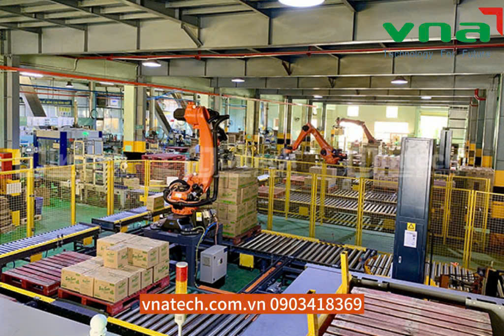 Robot xếp bao tự động kết hợp AGV